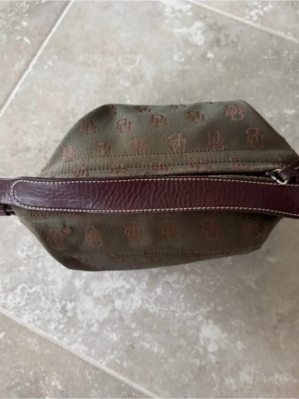 Vintage Dooney & Bourke Olive Monogram Hobo with Brown Leather Strap